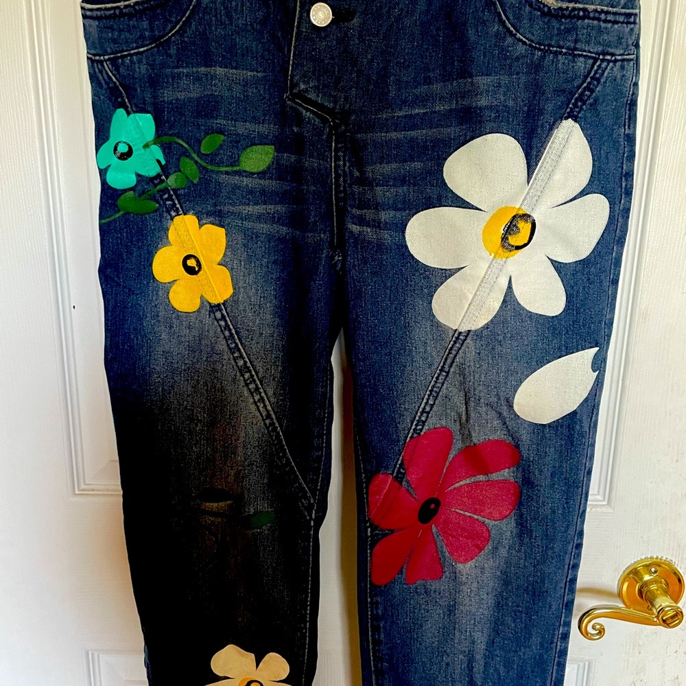 Denim Floral-Print Jeans from Anniecloth in medium.